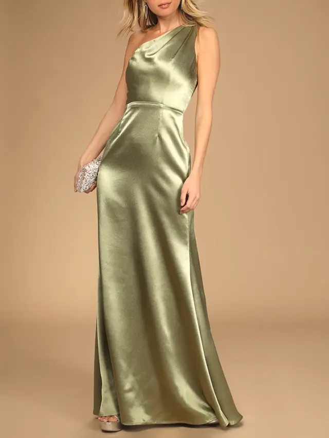 Sage Green Satin One-Shoulder Maxi Dress