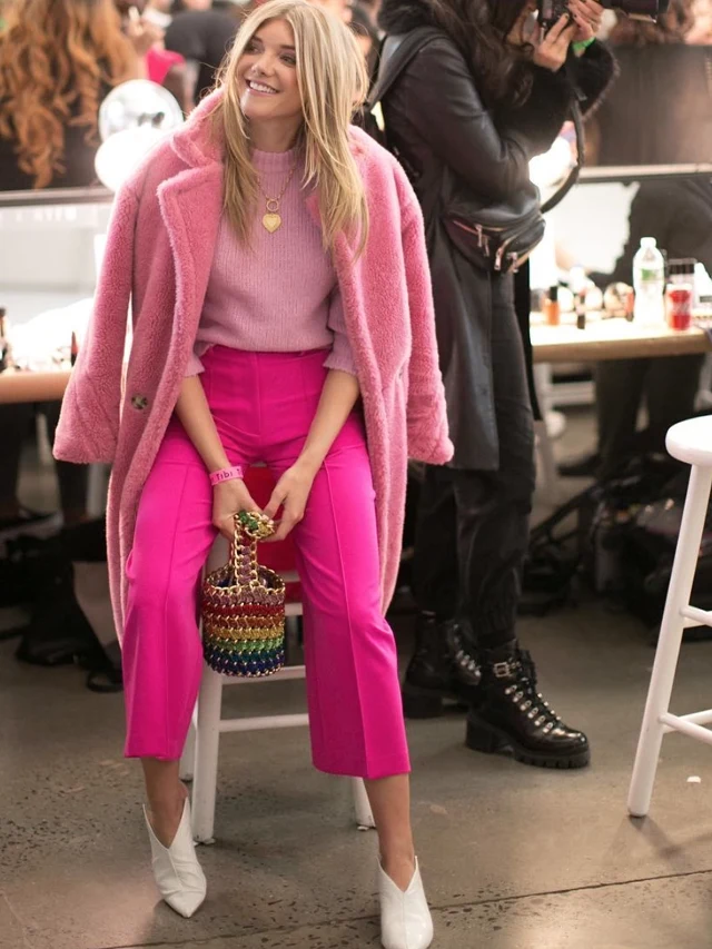 Pink pullover sweater with fuchsia high waisted pants