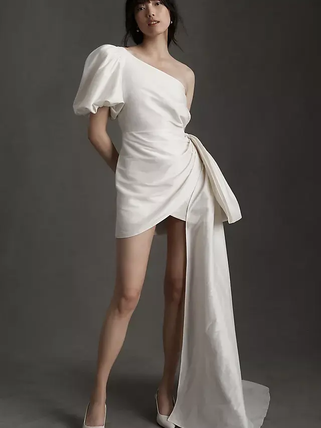 Sachin & Babi Dorien Puffed One-Shoulder Bow Train Wrap Mini Dress