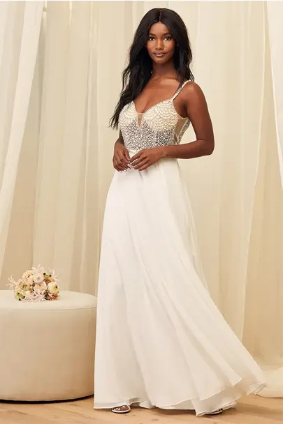 White Beaded Rhinestone Maxi Dress