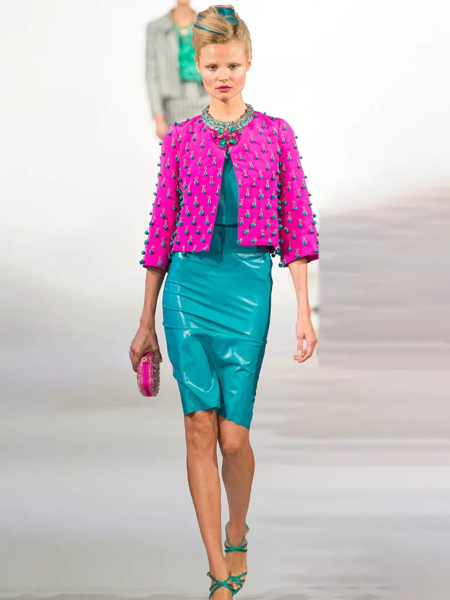 Turquoise Leather Dress With Fuchsia Jacket