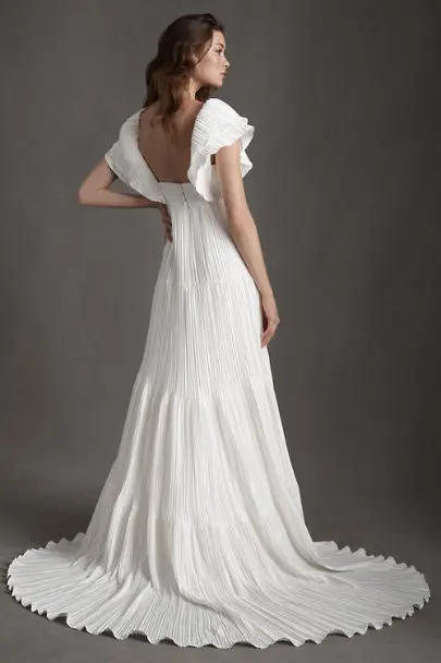 Flutter-Sleeve Pleated Satin Wedding Gown