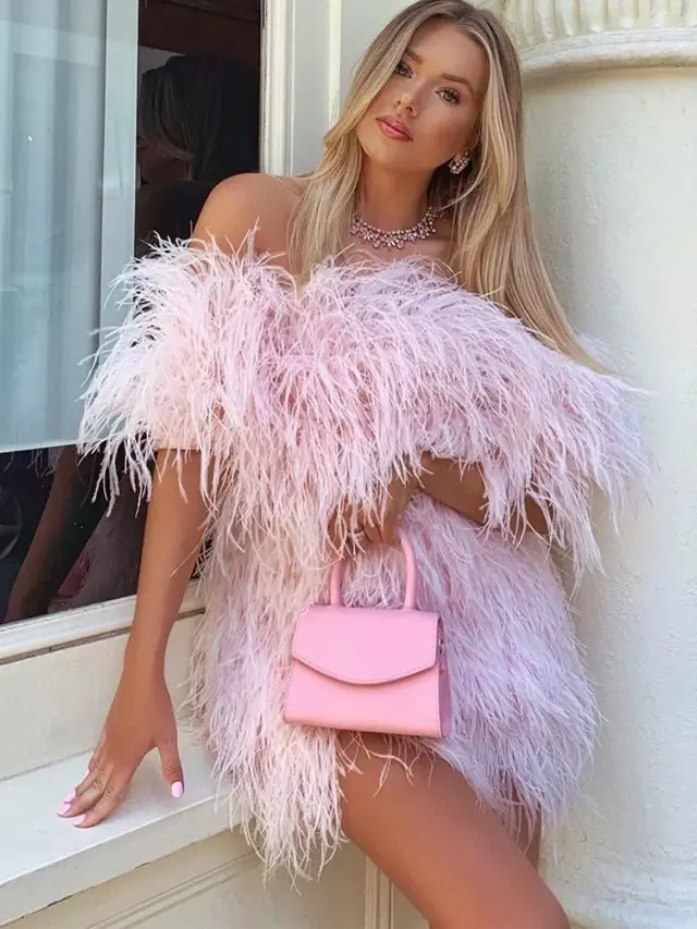 Sophie pale pink off the shoulder feathers mini dress
