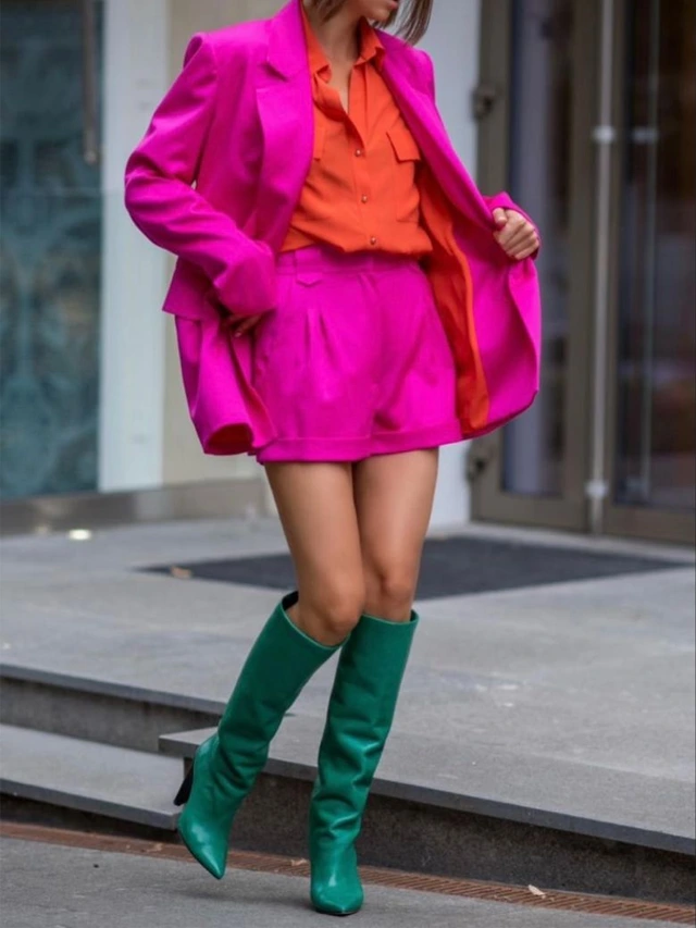 fuchsia outfit with green boots