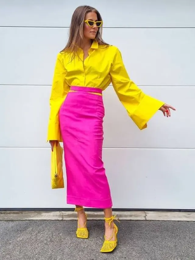 yellow shoes with a fuchsia outfit